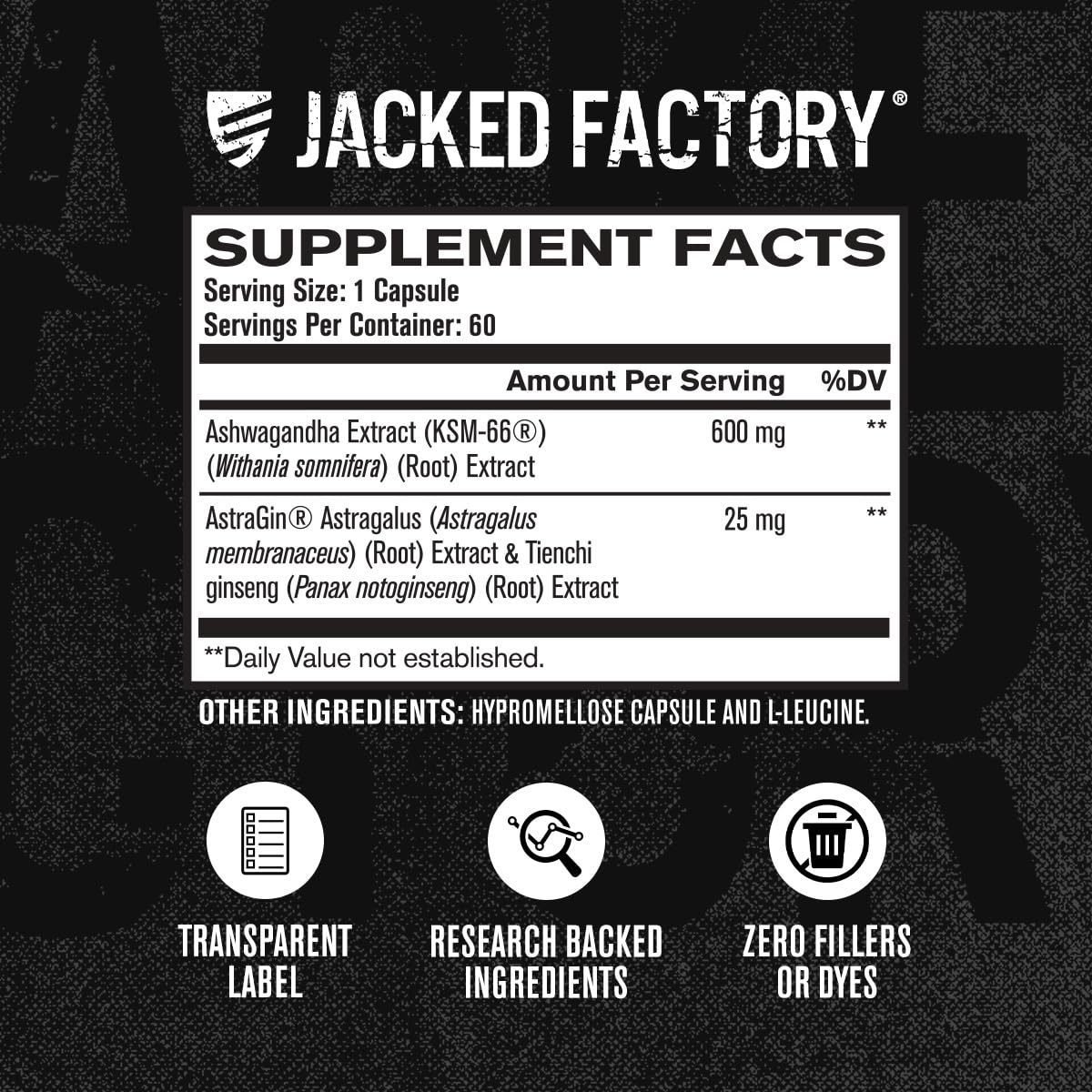 Jacked Factory Ashwagandha — KSM-66 5% withanolides et potence standardisée.