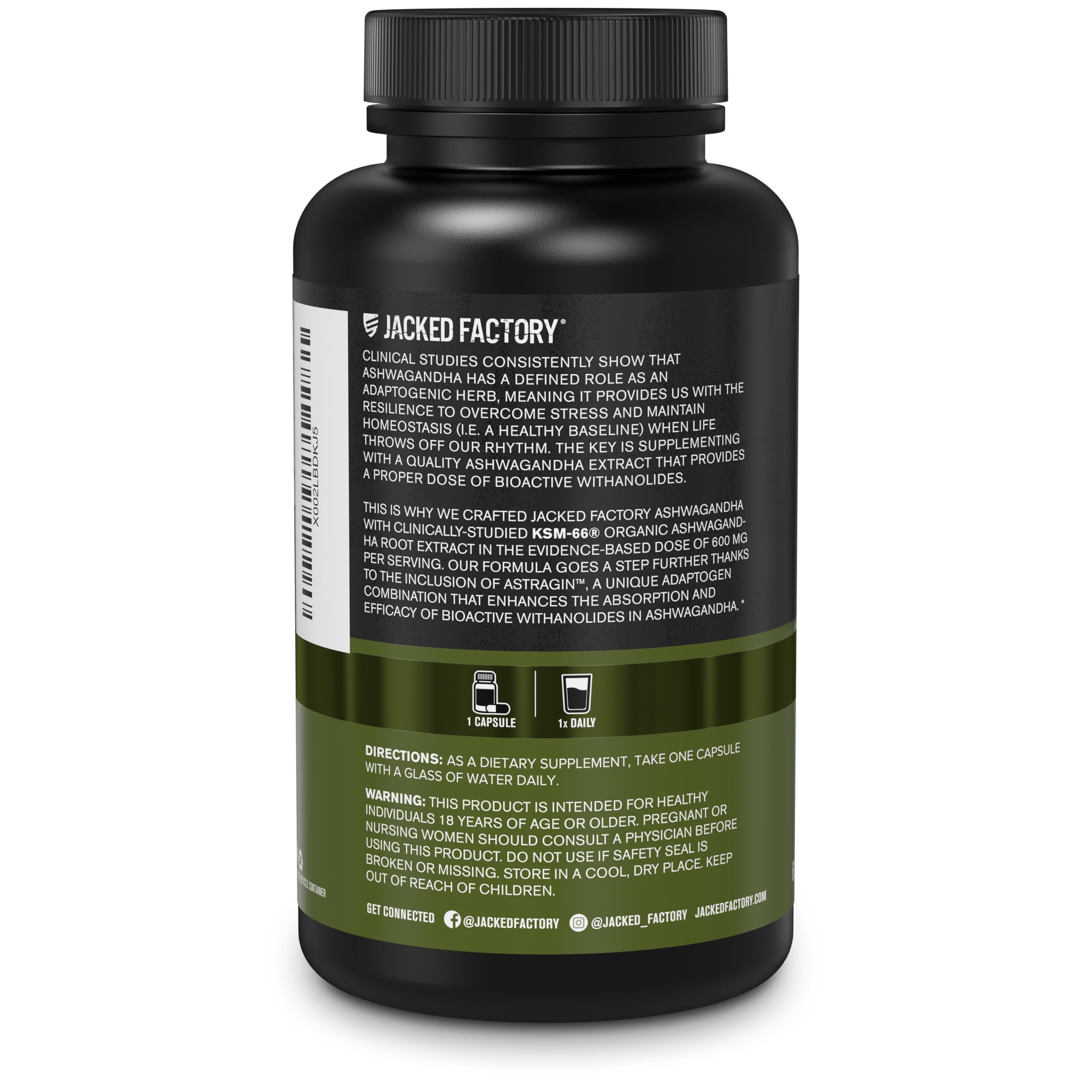 Jacked Factory Ashwagandha — usage quotidien pour un bien-être potentiel.