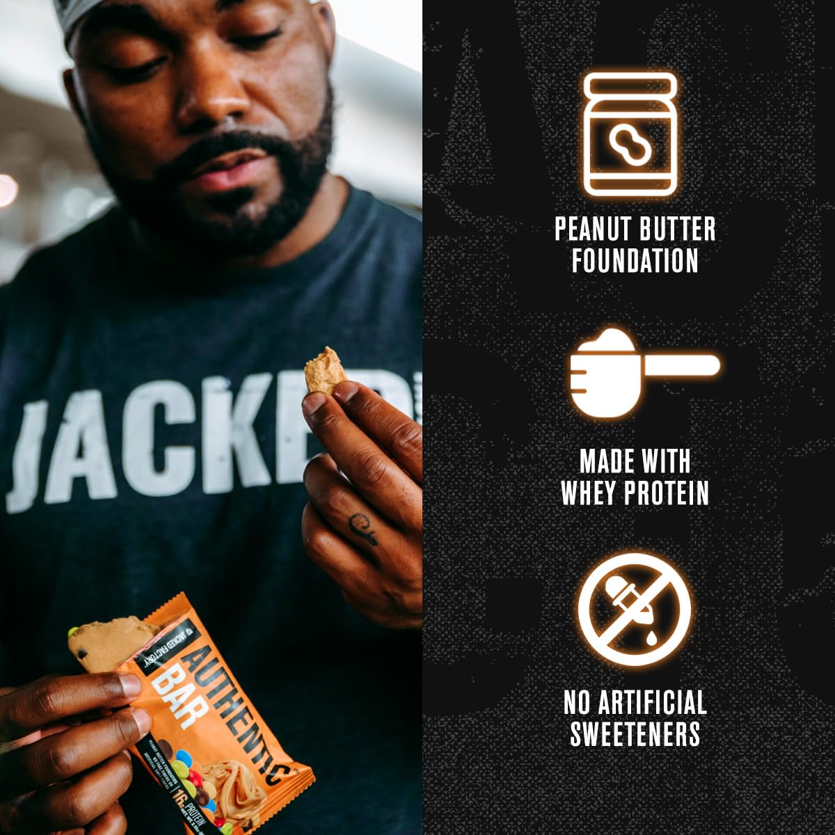 Barre protéinée Jacked Factory, sans soja pour macros équilibrés.