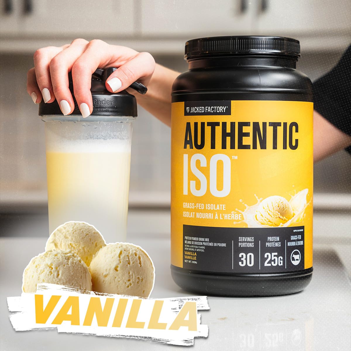Jacked Factory Authentic ISO Whey Isolat, poudre sans additifs et faible sucre.