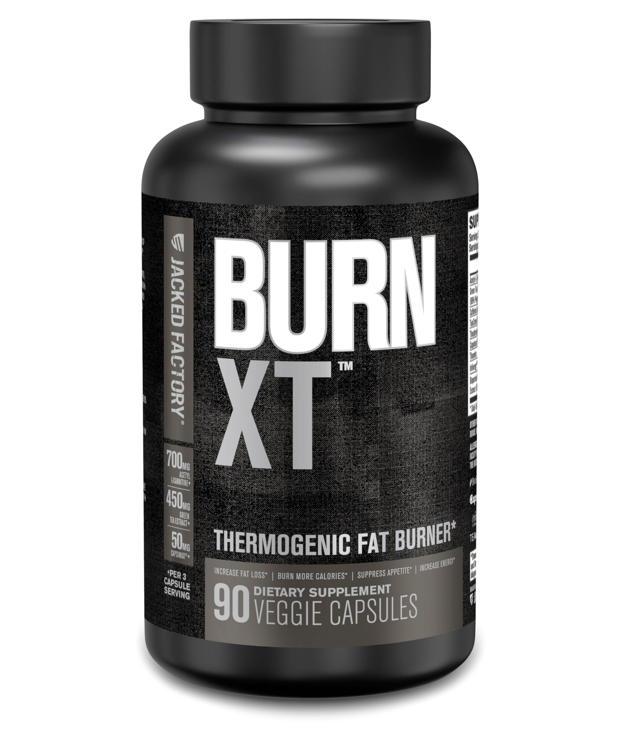 Jacked Factory Burn XT Black – bouteille montrant l’emballage et le design pour énergie potentielle et métabolisme.