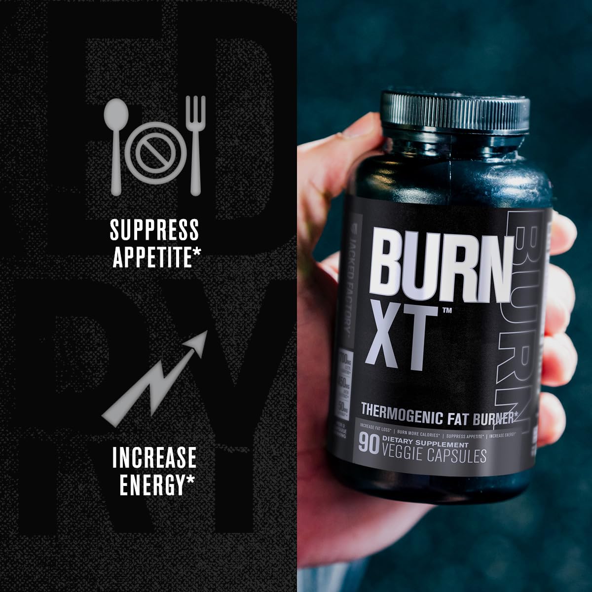 Étiquette Burn XT Black affichant TeaCrine et Infinergy pour énergie durable.