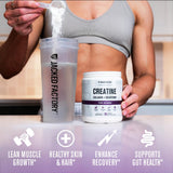 Jacked Factory Créatine pour Femmes – ingrédients clés : collagène et colostrum pour le bien-être.