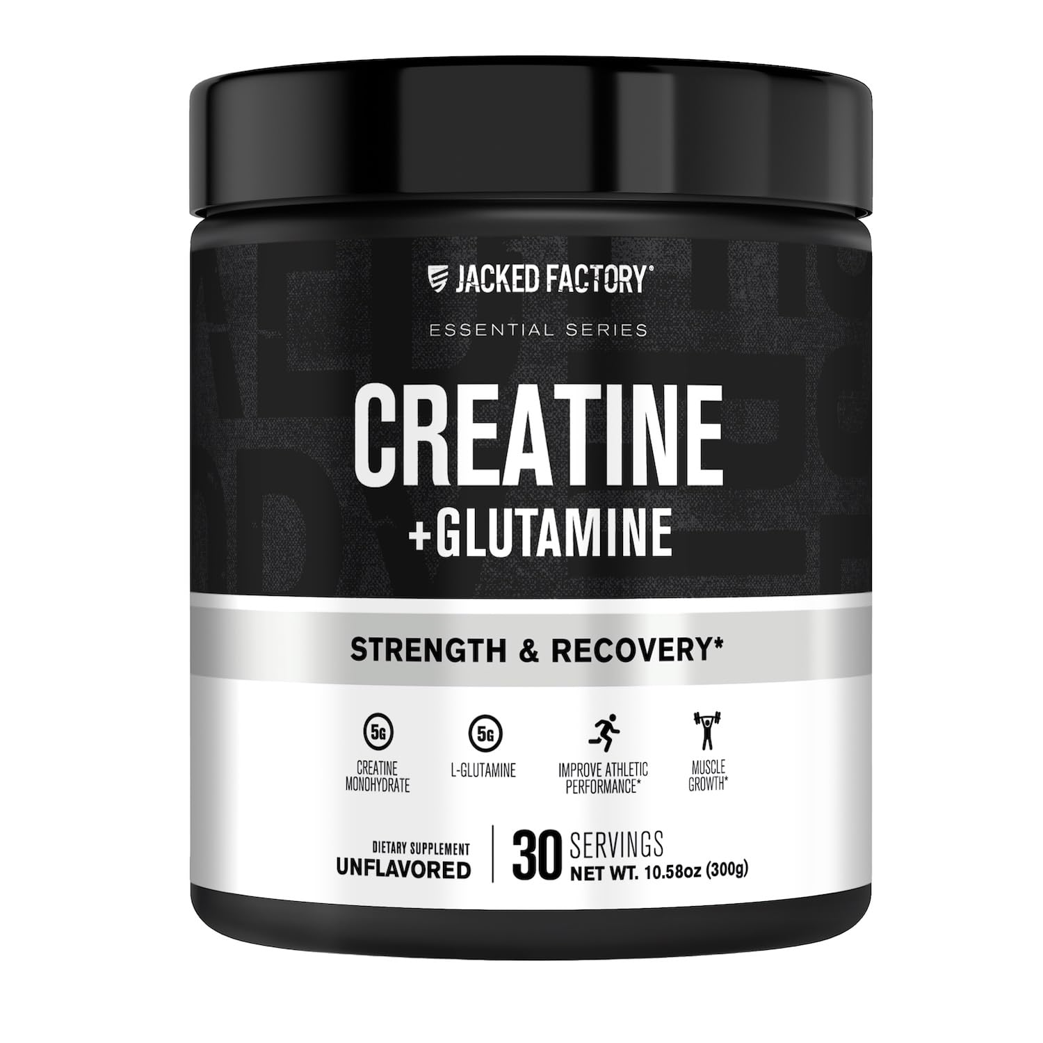 Jacked Factory Creatine + Glutamine — bouteille présentée, soutient récupération et énergie après l'entraînement.