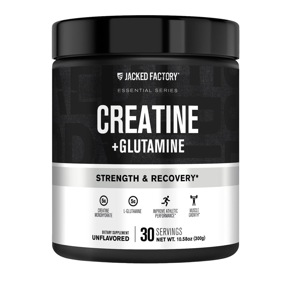 Jacked Factory Creatine + Glutamine — bouteille présentée, soutient récupération et énergie après l'entraînement.
