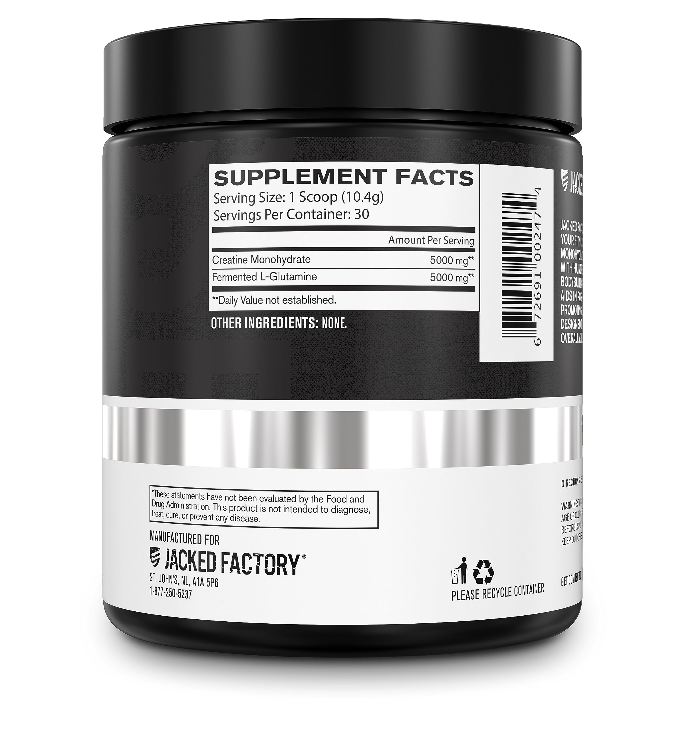Jacked Factory Creatine + Glutamine — packaging premium, fabrication fiable.