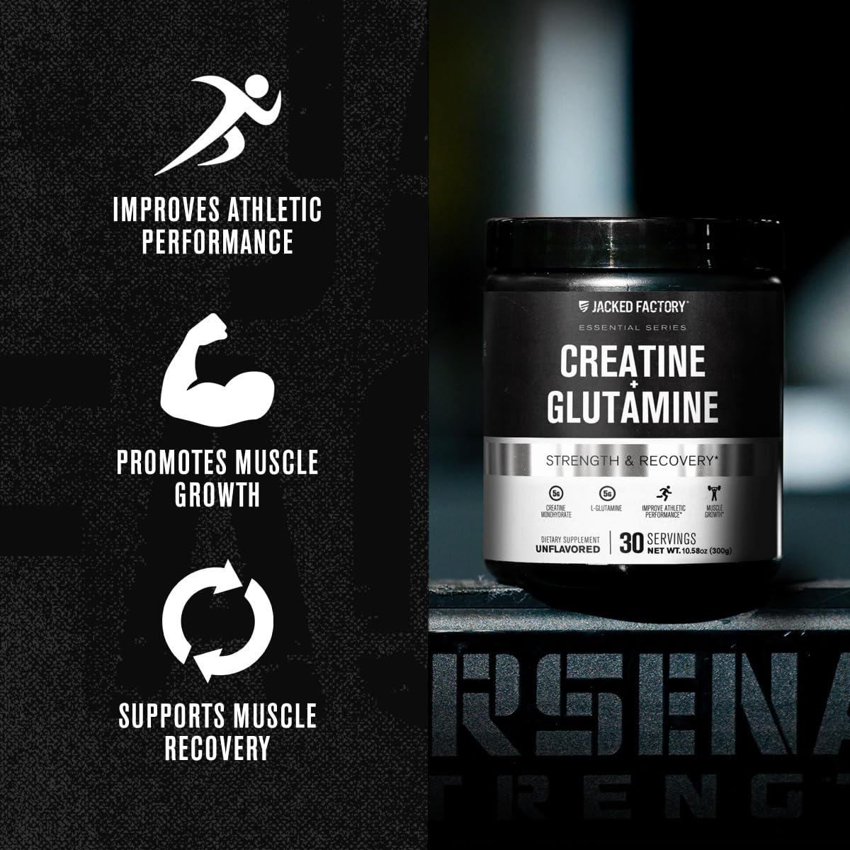 Jacked Factory Creatine + Glutamine — plan d'entraînement en arrière-plan, ambiance sportive.