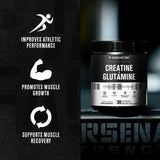Jacked Factory Creatine + Glutamine — plan d'entraînement en arrière-plan, ambiance sportive.