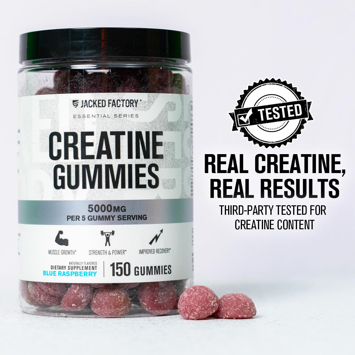 Dose quotidienne de Jacked Factory Creatine Gummies avec cinq gommes.