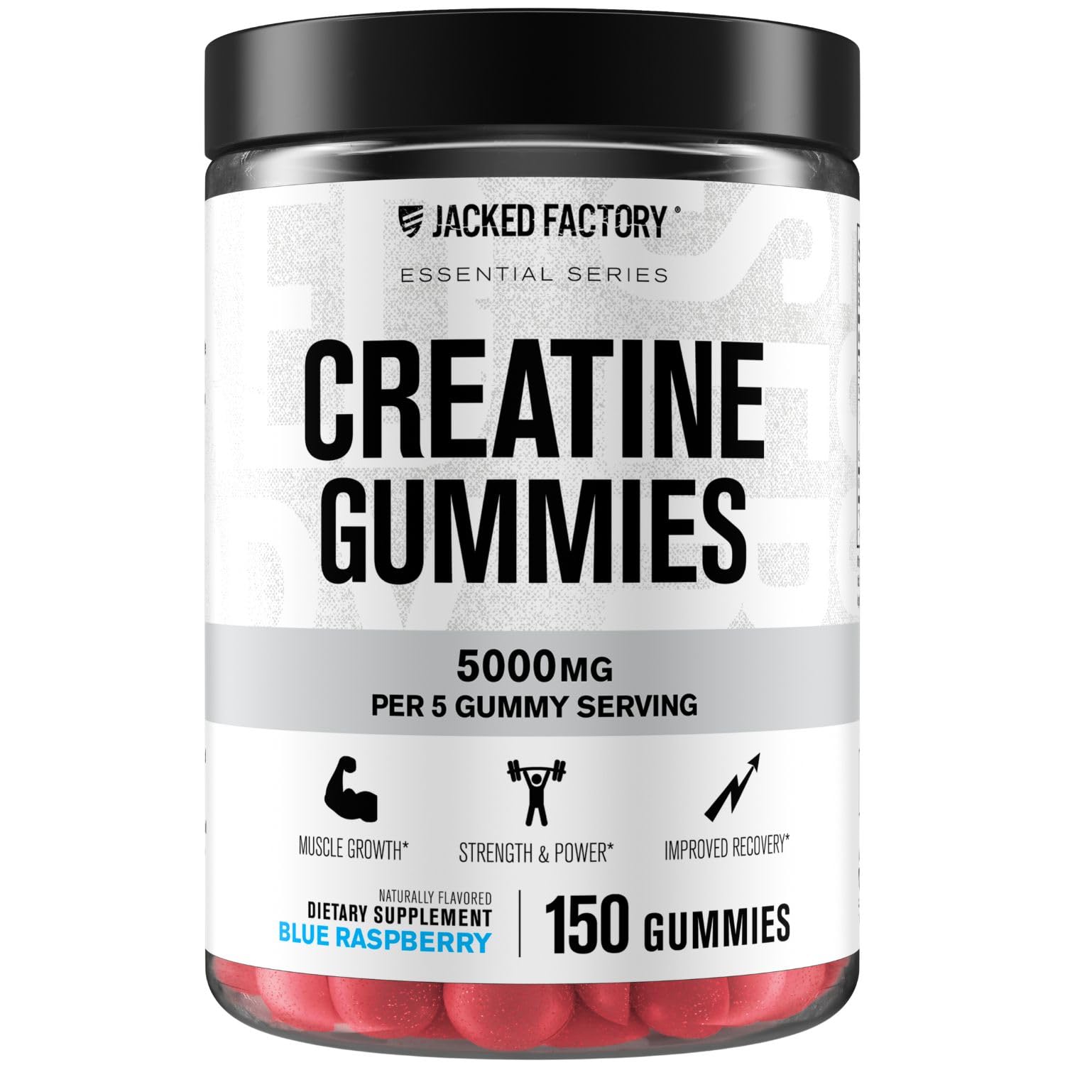 Jacked Factory Creatine Gummies emballage bleu et rouge, format pratique.