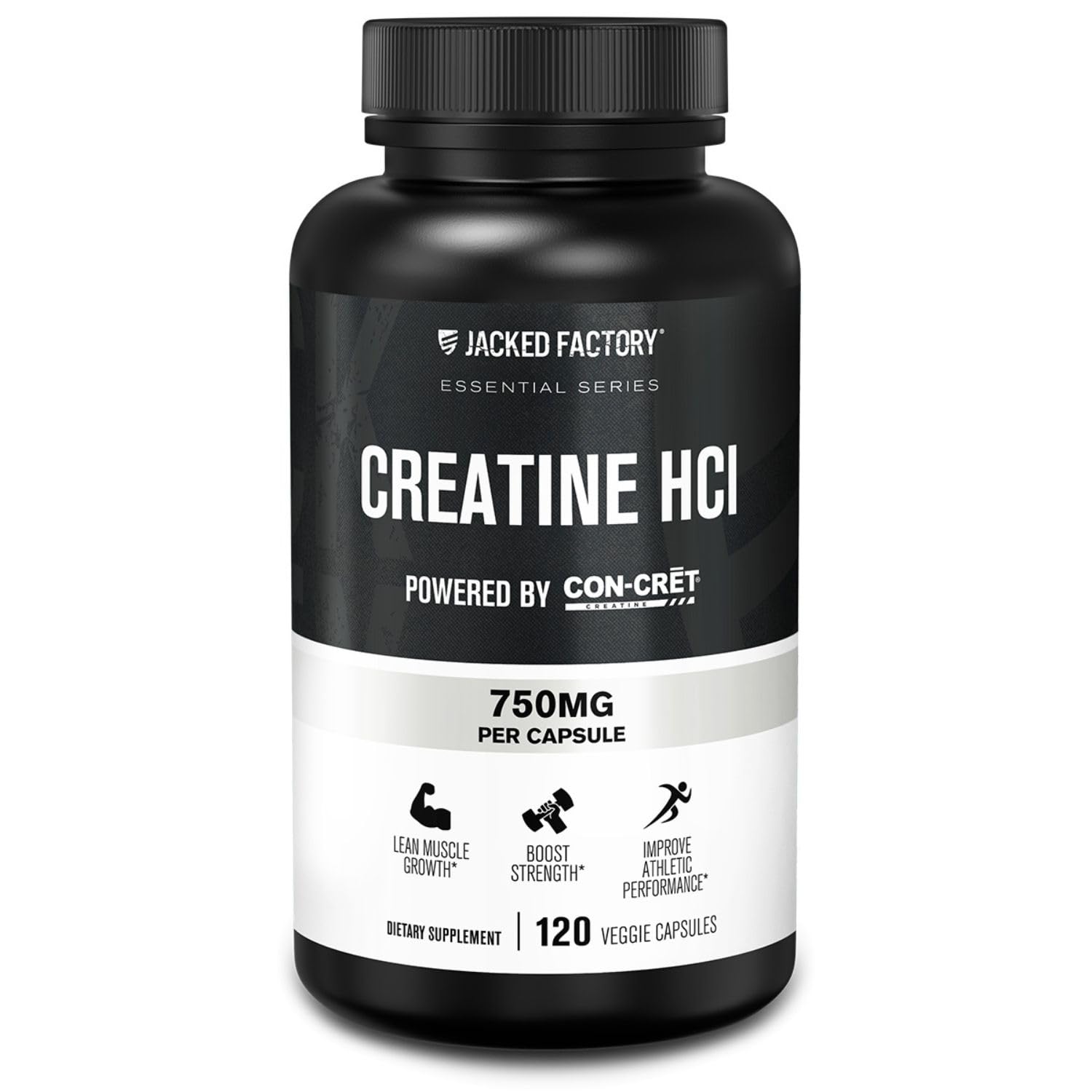 Jacked Factory Creatine HCl capsules en bouteille, soutien potentiel à la force et à l'endurance.