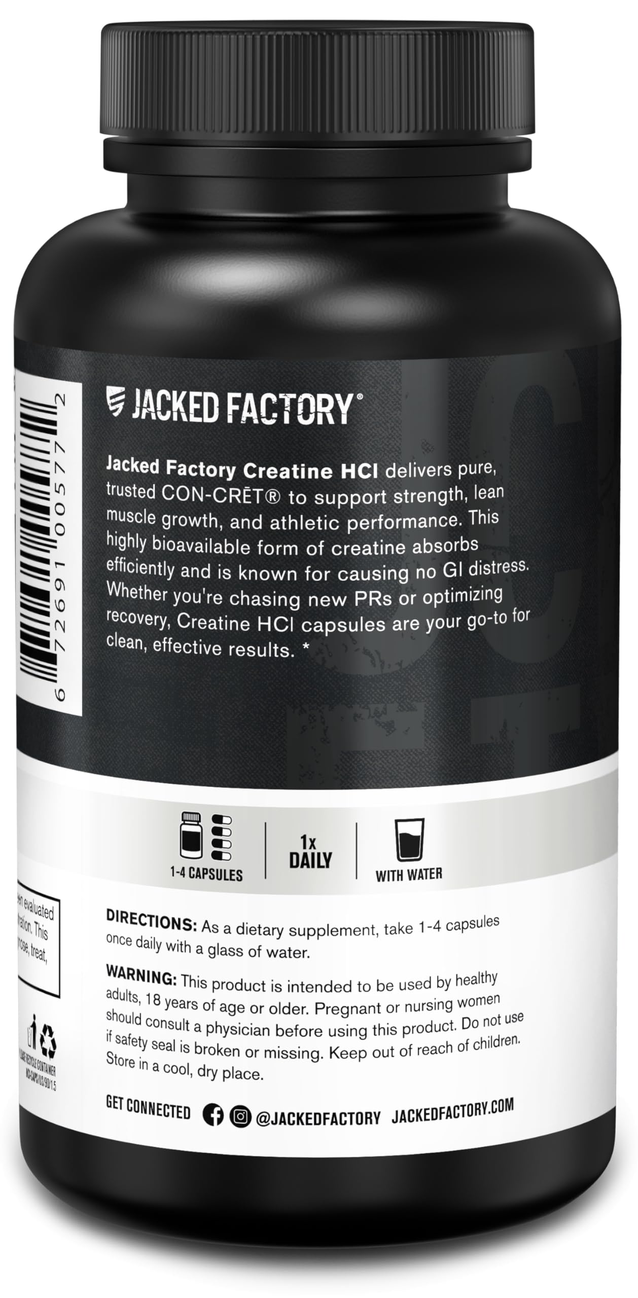 Étiquette des capsules Creatine HCl, informations claires pour le consommateur.