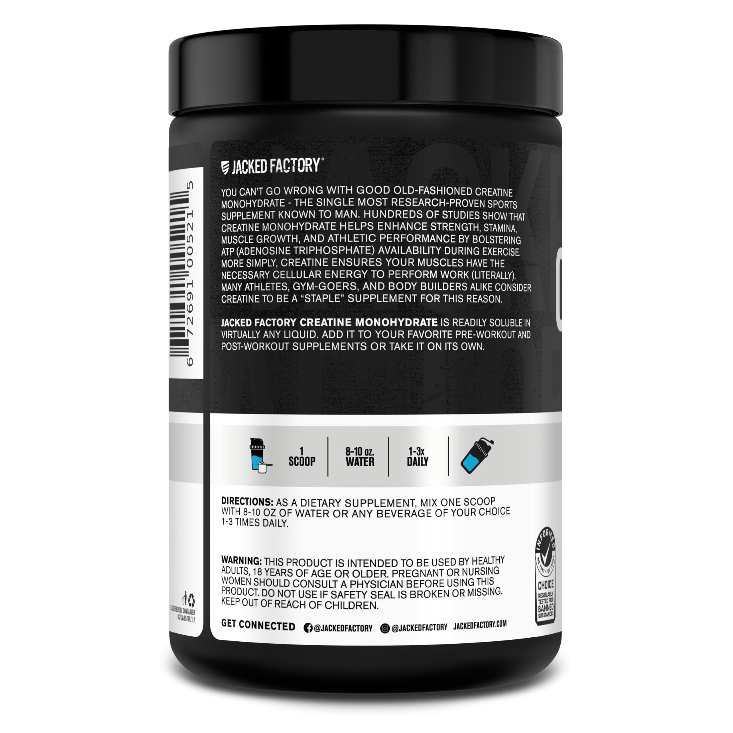 Jacked Factory Creatine Monohydrate – poudre adaptée aux régimes végétaliens et sans colorants