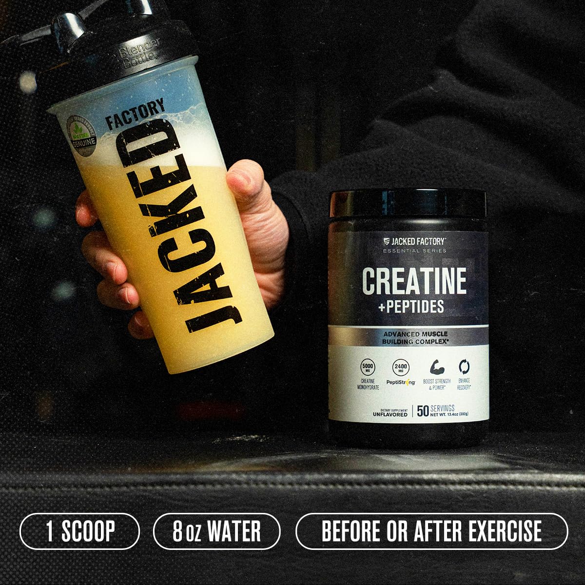 Étiquette Jacked Factory sur l'emballage, lisible et informative.