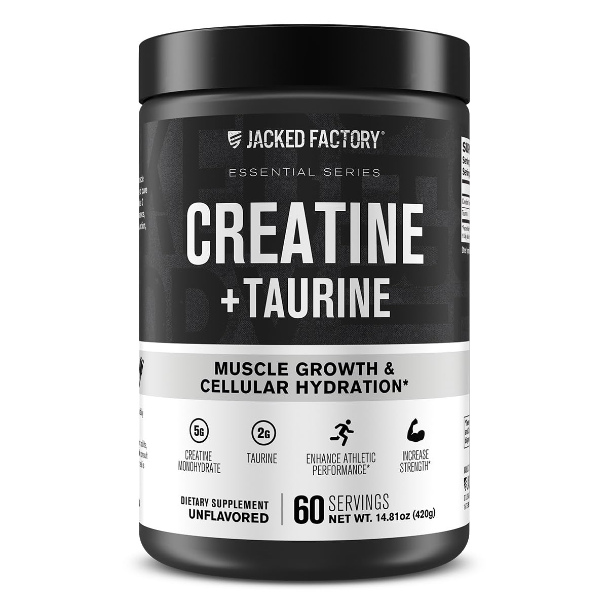Jacked Factory Creatine + Taurine, bouteille affichant l'emballage et son aspect neutre, hydratation possible.