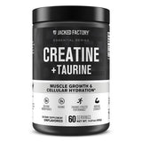 Jacked Factory Creatine + Taurine, bouteille affichant l'emballage et son aspect neutre, hydratation possible.