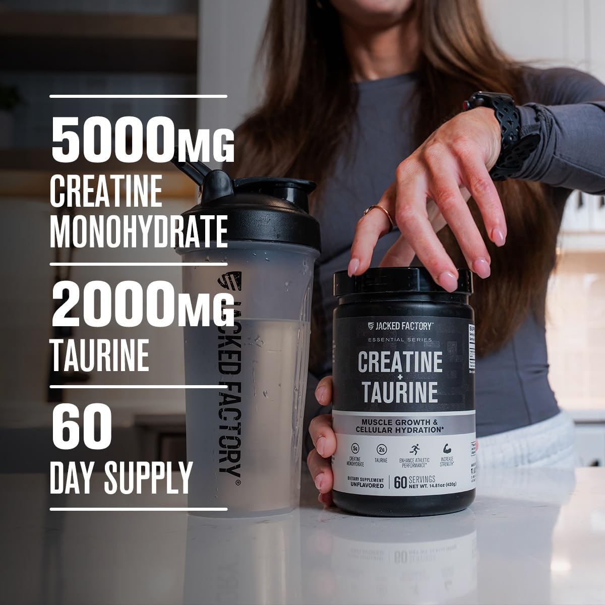 Étiquette Jacked Factory Creatine + Taurine montrant les ingrédients et valeurs.