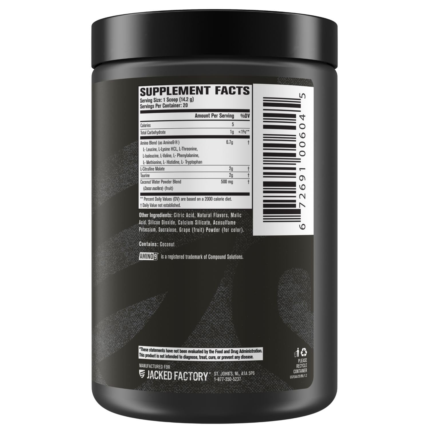 Jacked Factory EAA Surge — Bouteille arrière, composants fermentés mis en avant.