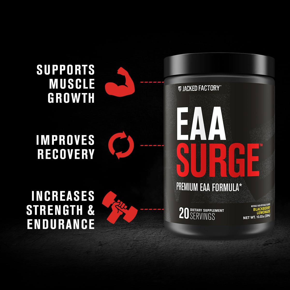 Jacked Factory EAA Surge — Sachet de poudre prêt à mélanger, récupération facilitée.