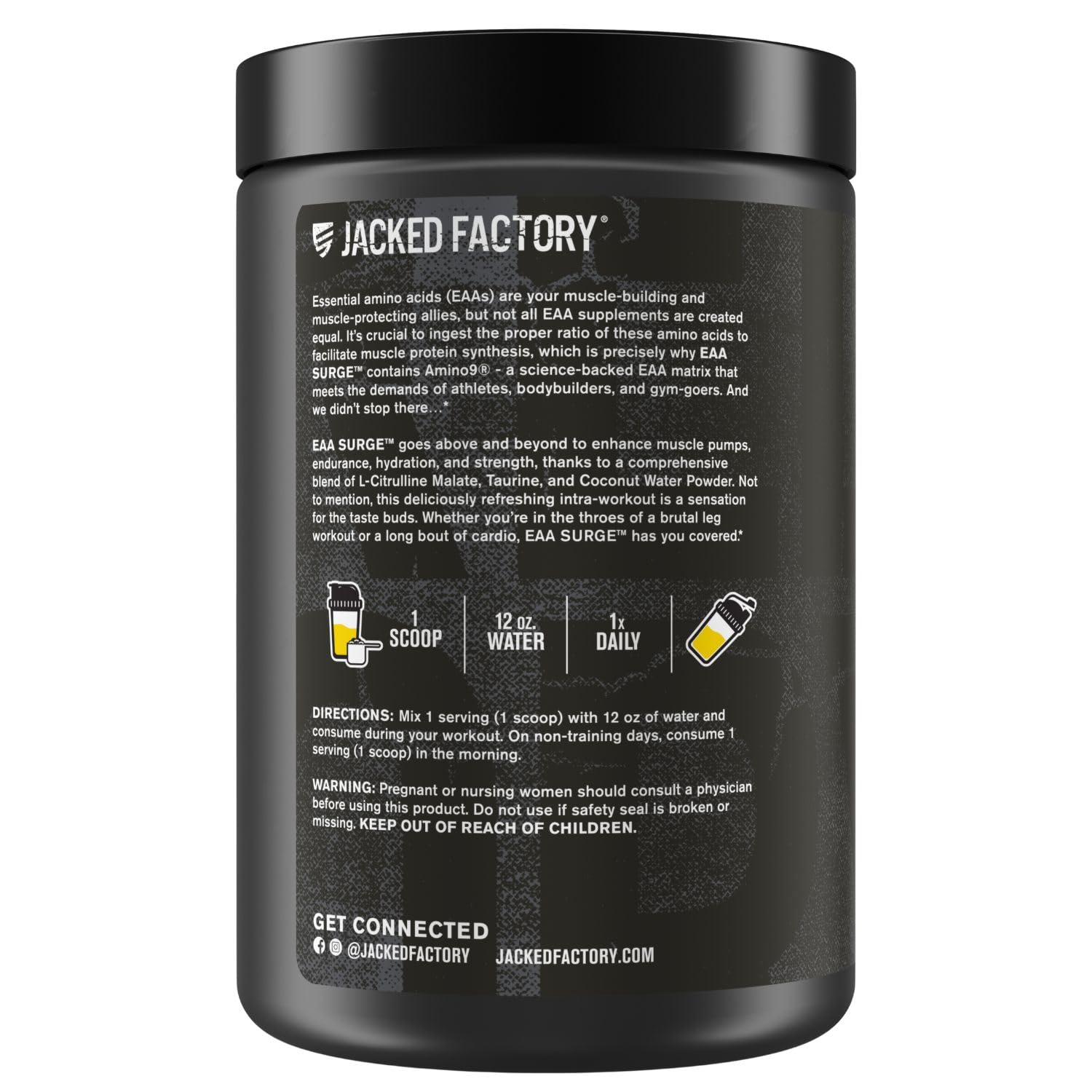 Jacked Factory EAA Surge — Tableau d’ingrédients montrant Amino9 et taurine.