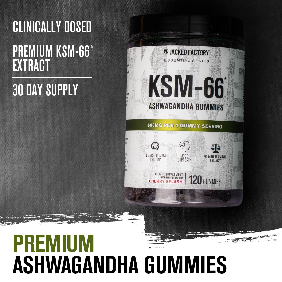 Gommes Ashwagandha KSM66 – dose de 600 mg par portion pour soutien potentiel.