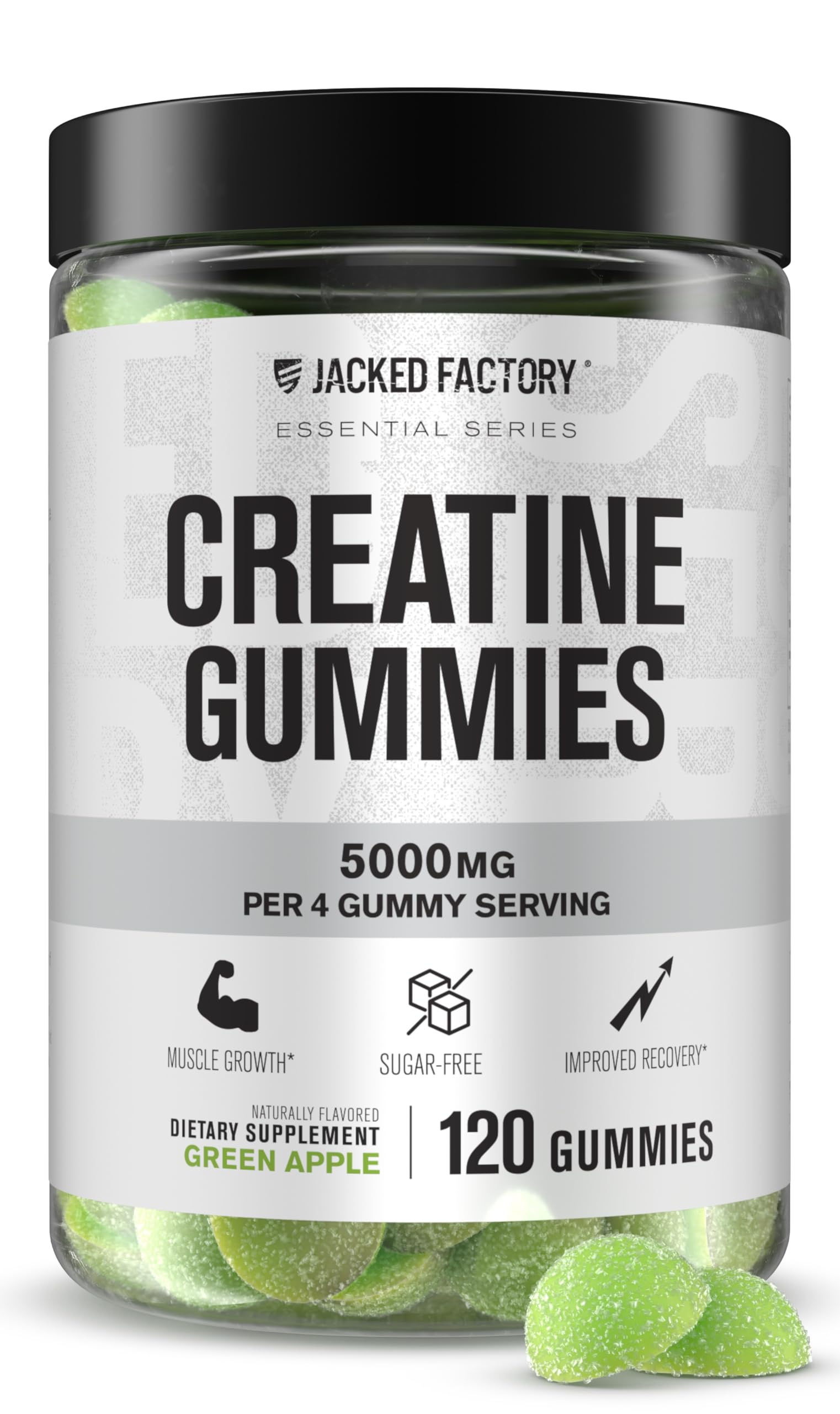 Gommes créatine Jacked Factory sans sucre goût pomme verte pour énergie quotidienne.