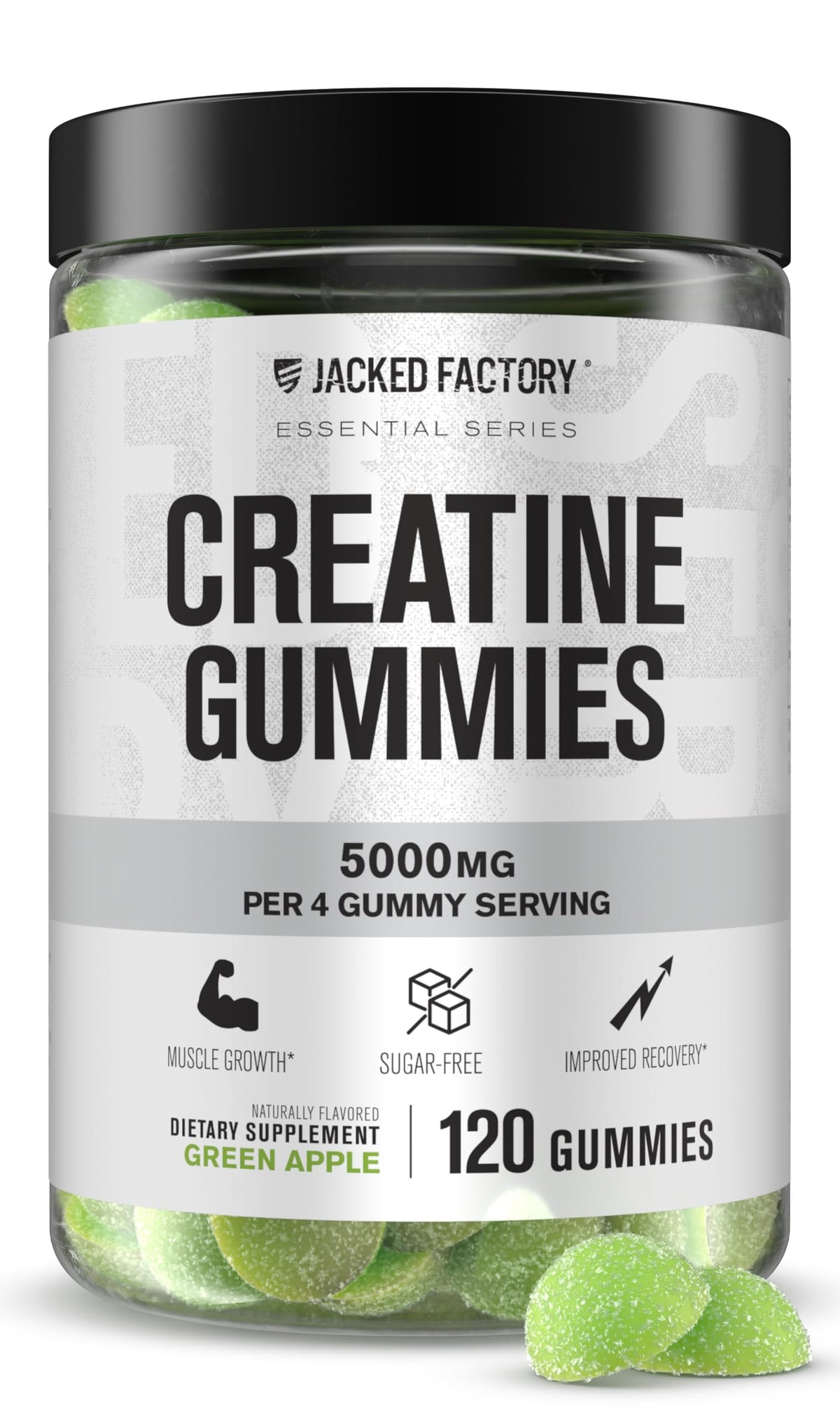 Gommes créatine Jacked Factory sans sucre goût pomme verte pour énergie quotidienne.