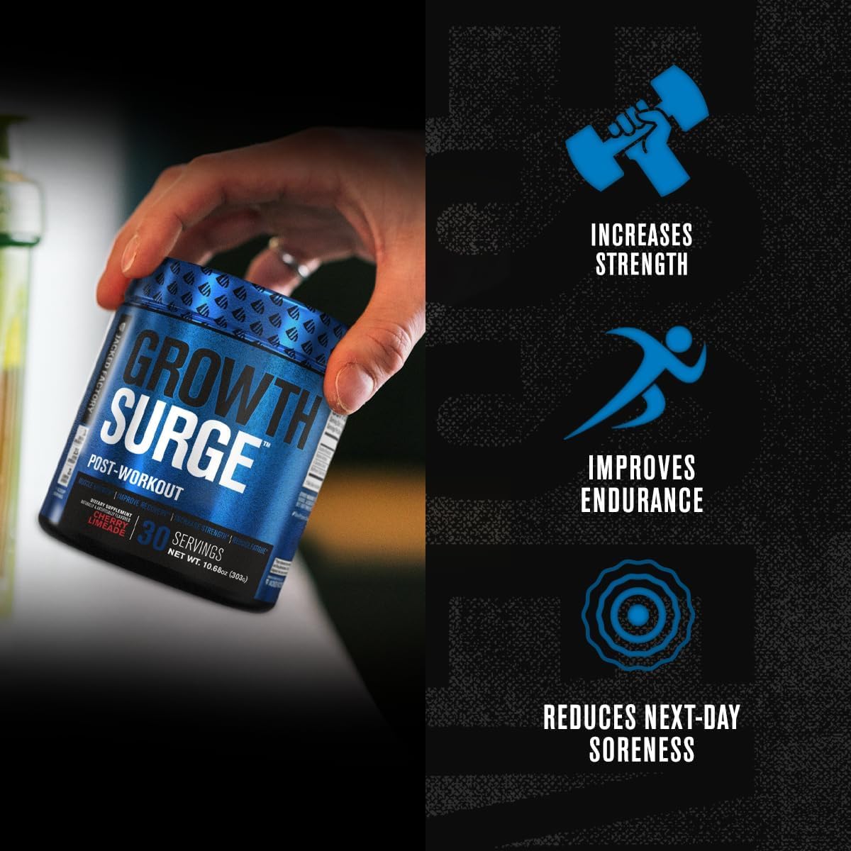 Ingrédients clés Growth Surge: créatine monohydrate, bêtaine et L-carnitine pour le soutien.