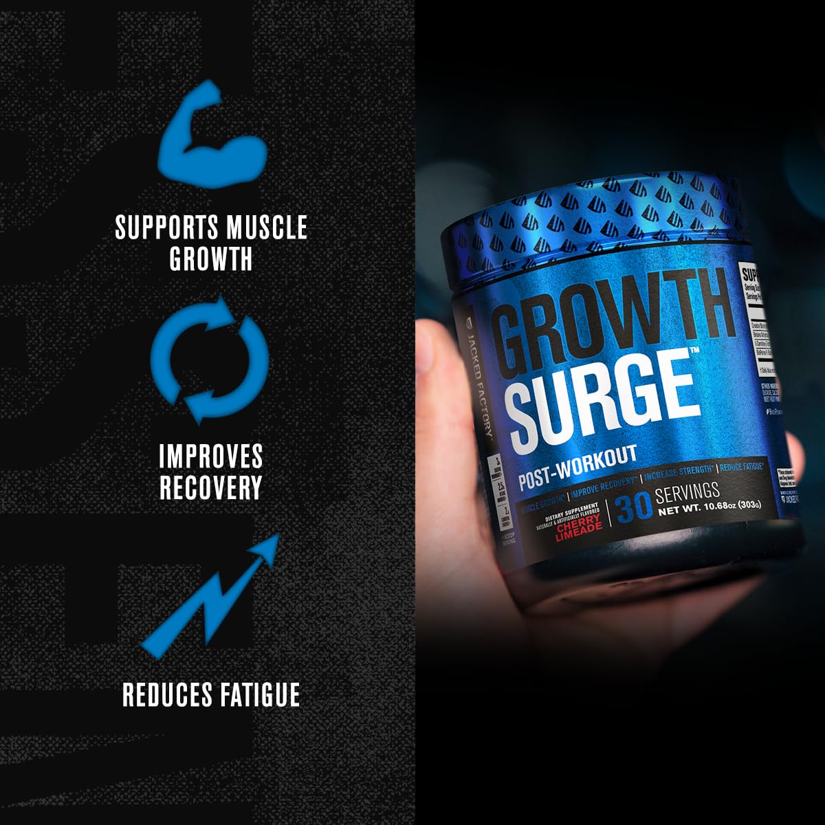 Poudre Growth Surge avec cuillère-mesure pour dosages après séance.