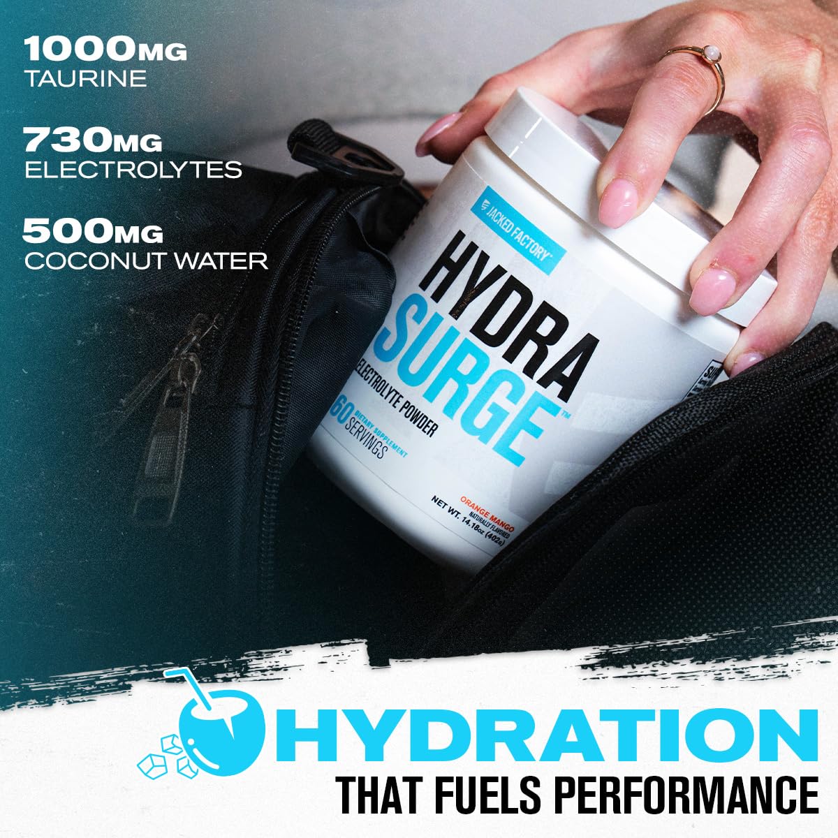 Hydrasurge, eau de coco et électrolytes soutiennent l'endurance.