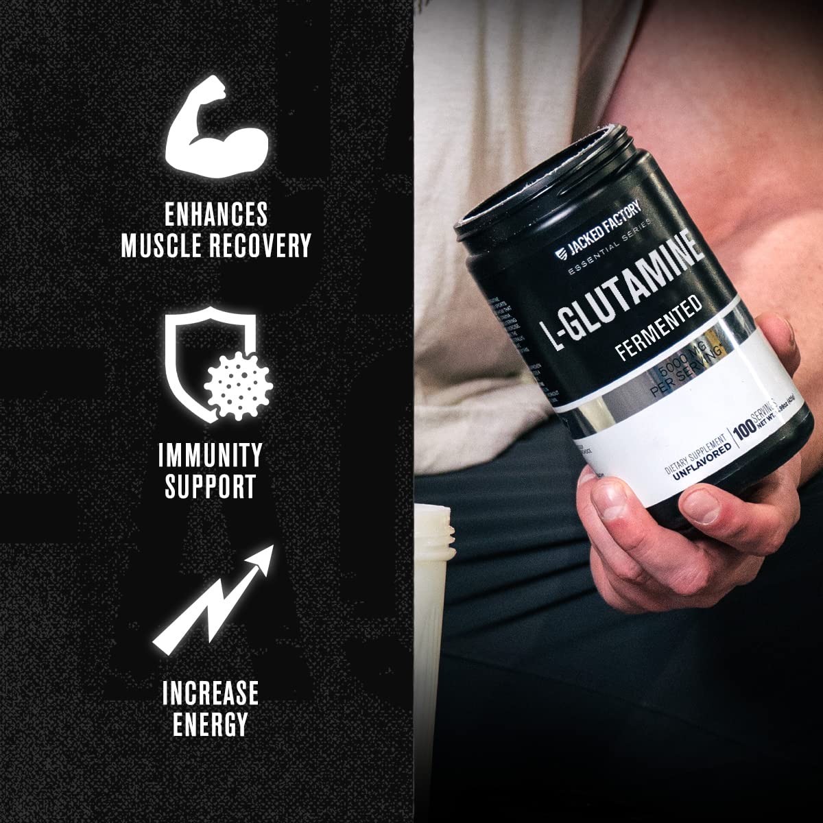 Jacked Factory L-Glutamine peut soutenir récupération musculaire apres l'entrainement.