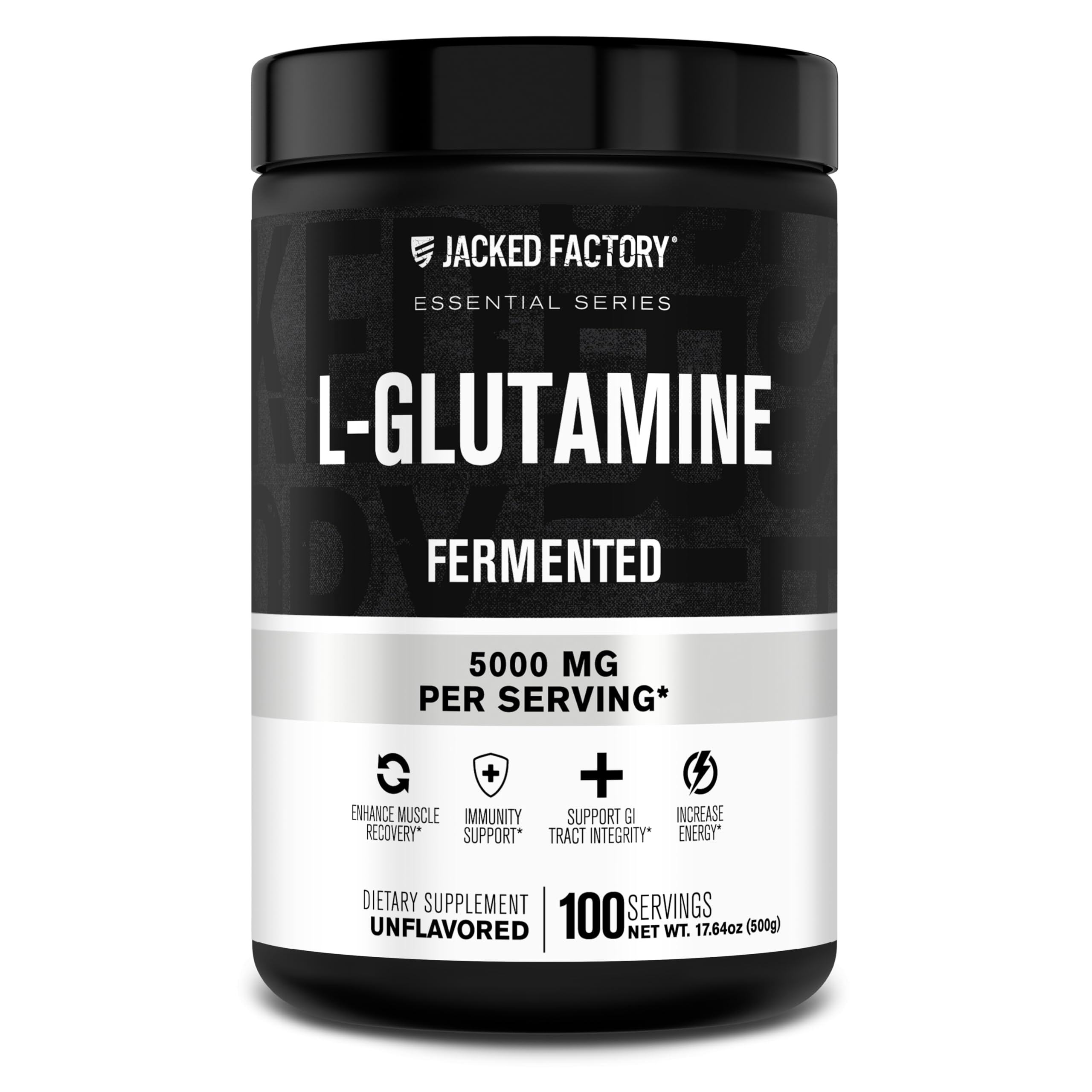 Jacked Factory L-Glutamine en poudre dans une bouteille, idéale pour récupérer après l'effort.