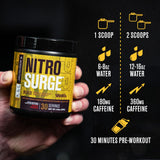 Étiquette Nitrosurge Build affichant les ingrédients clés et usages potentiels.