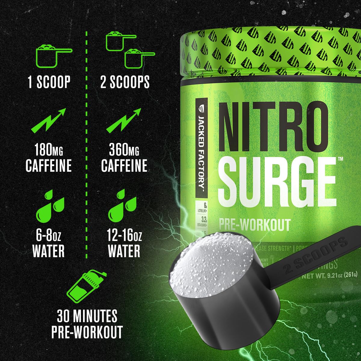 Jacked Factory Nitrosurge – doseur et poudre prête à mélanger.