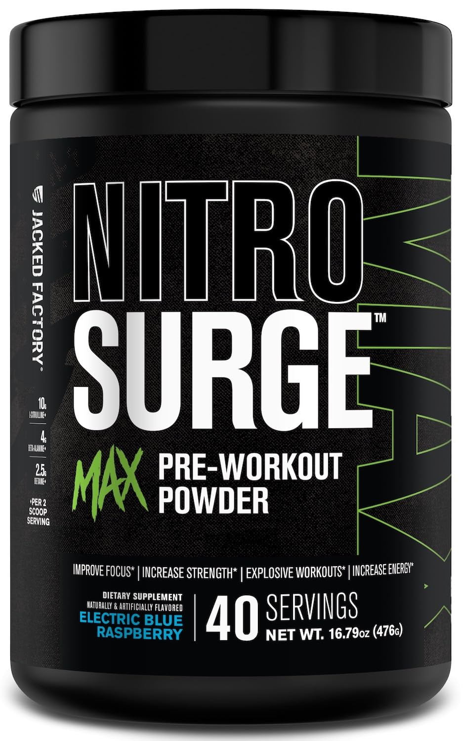 Jacked Factory Nitrosurge Max — bouteille bleu électrique, énergie durable et focus.