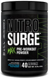 Jacked Factory Nitrosurge Max — bouteille bleu électrique, énergie durable et focus.