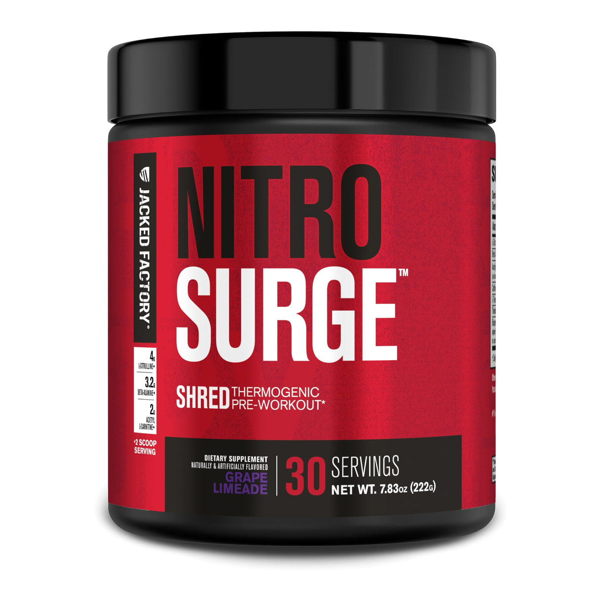 Jacked Factory Nitrosurge Shred, bouteille saveur raisin-limeade, énergie durable en séance.