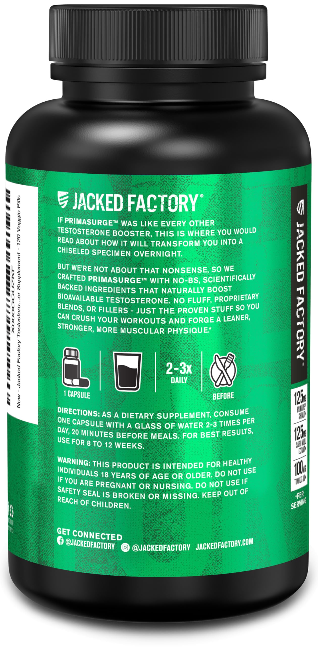 Jacked Factory Primasurge – design d'emballage compact et pratique sur étagère.