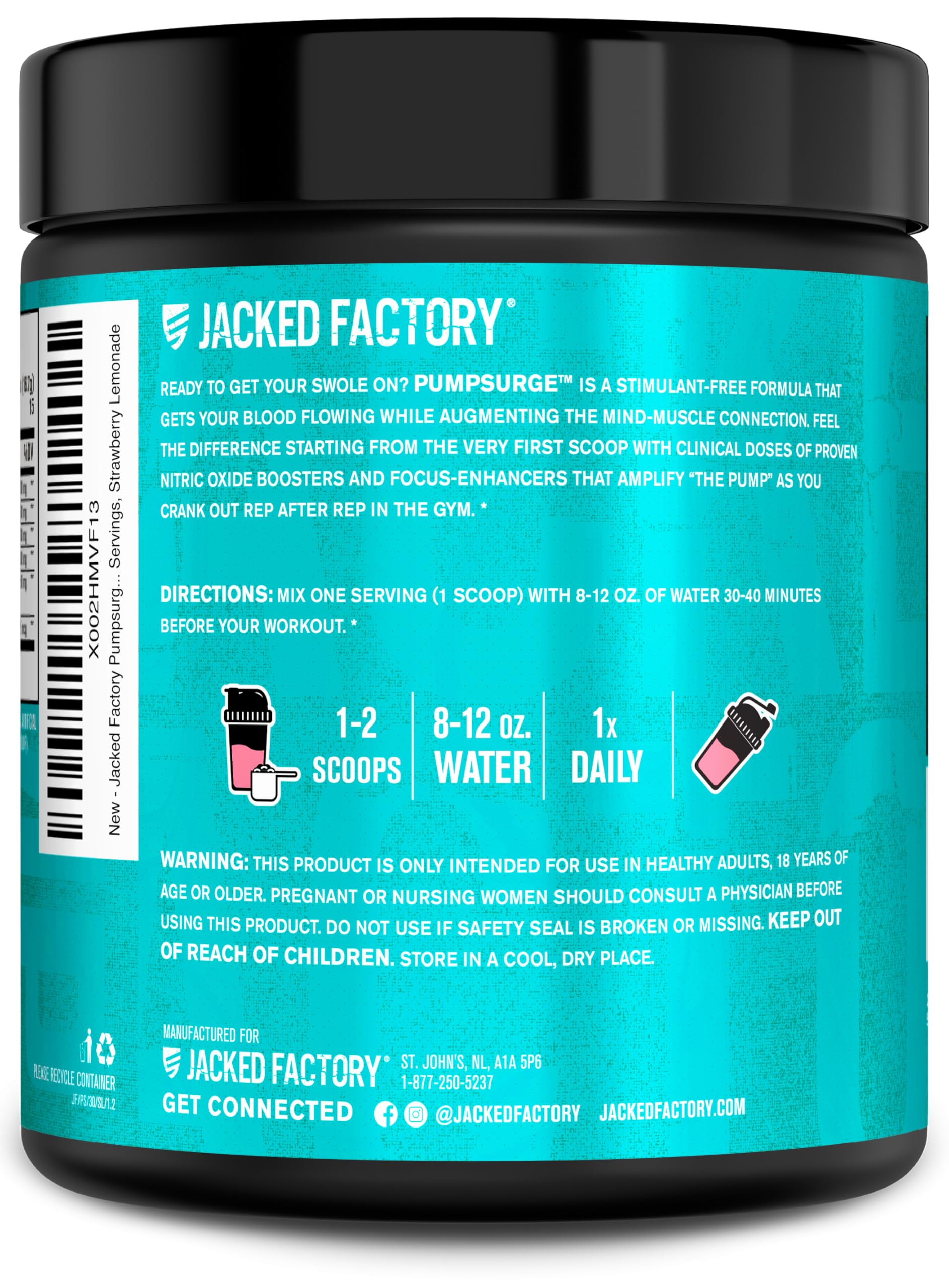 Jacked Factory Pumpsurge, boîte de 30 portions, pratique à transporter.