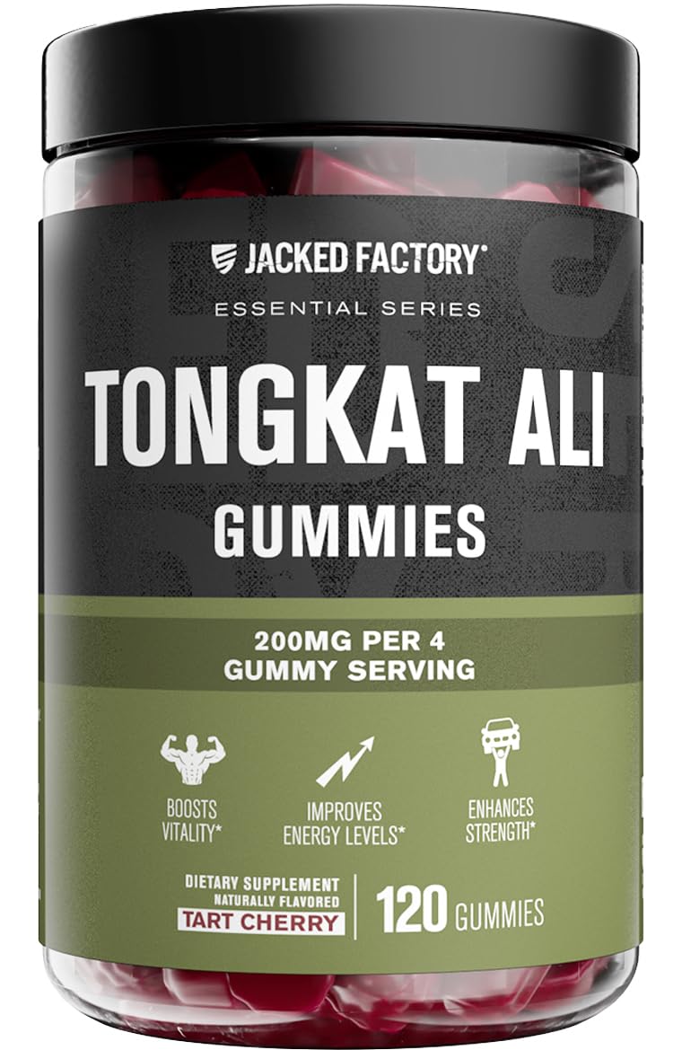 Jacked Factory Tongkat Ali Gummies – bouteille visible, énergie soutenue.