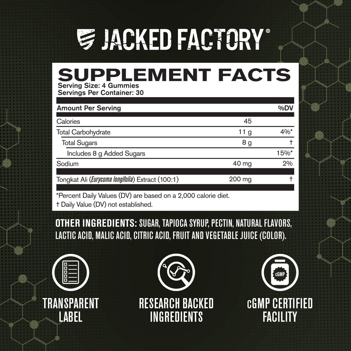 Jacked Factory Tongkat Ali Gummies – dose 100:1 concentrée pour absorption optimisée.