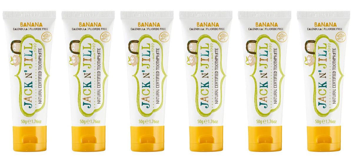 Dentifrice Jack N' Jill pour enfants banane en tube, goût agréable pour un brossage plaisant.