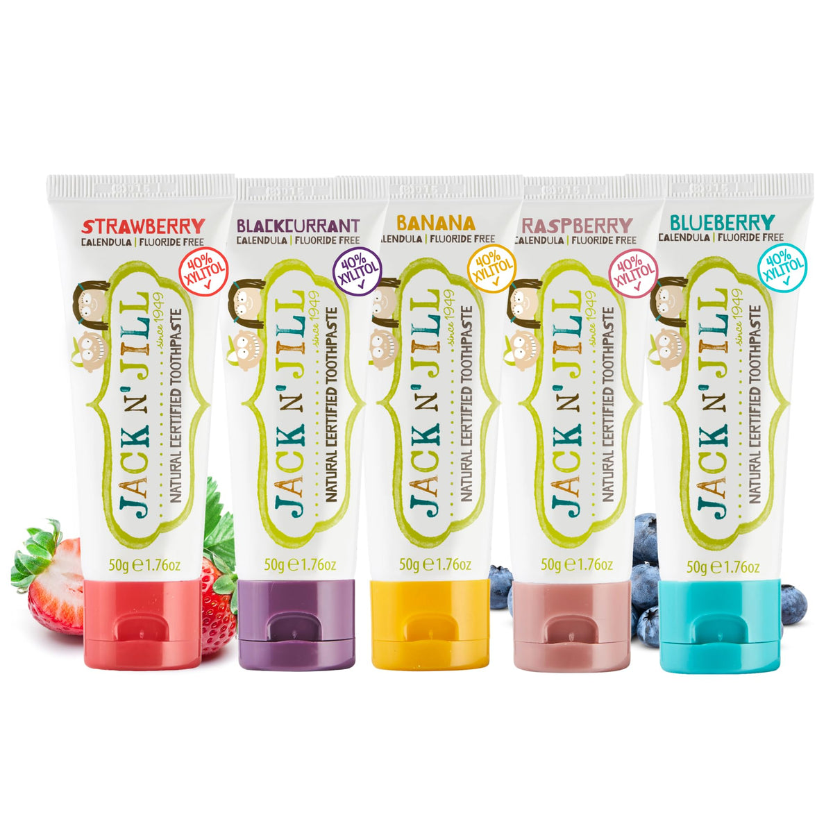 Jack N' Jill, tube dentifrice enfant, sans fluor, pratique pour routine quotidienne.