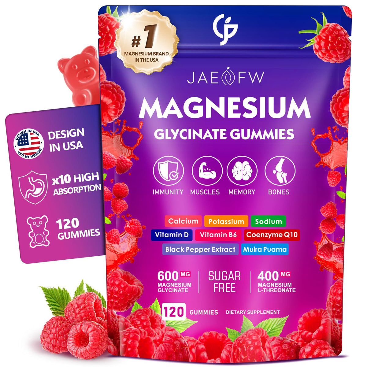 Gommes JAENFW magnésium glycinate en bouteille, saveur framboise, soutien potentiel d'énergie quotidienne.