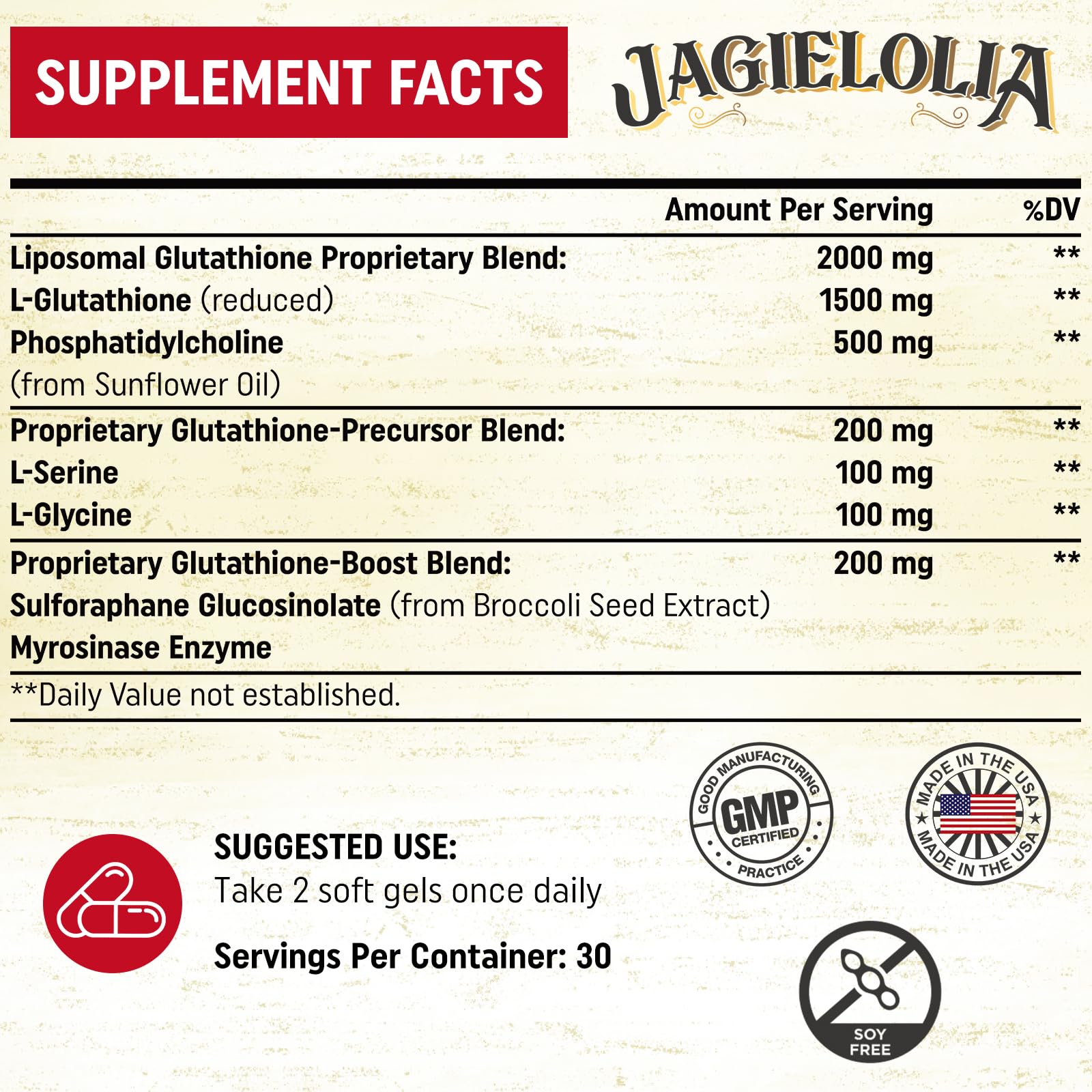 Jagielolia Liposomal Glutathione gélules liposomales, absorption accrue et biodisponibilité améliorée.