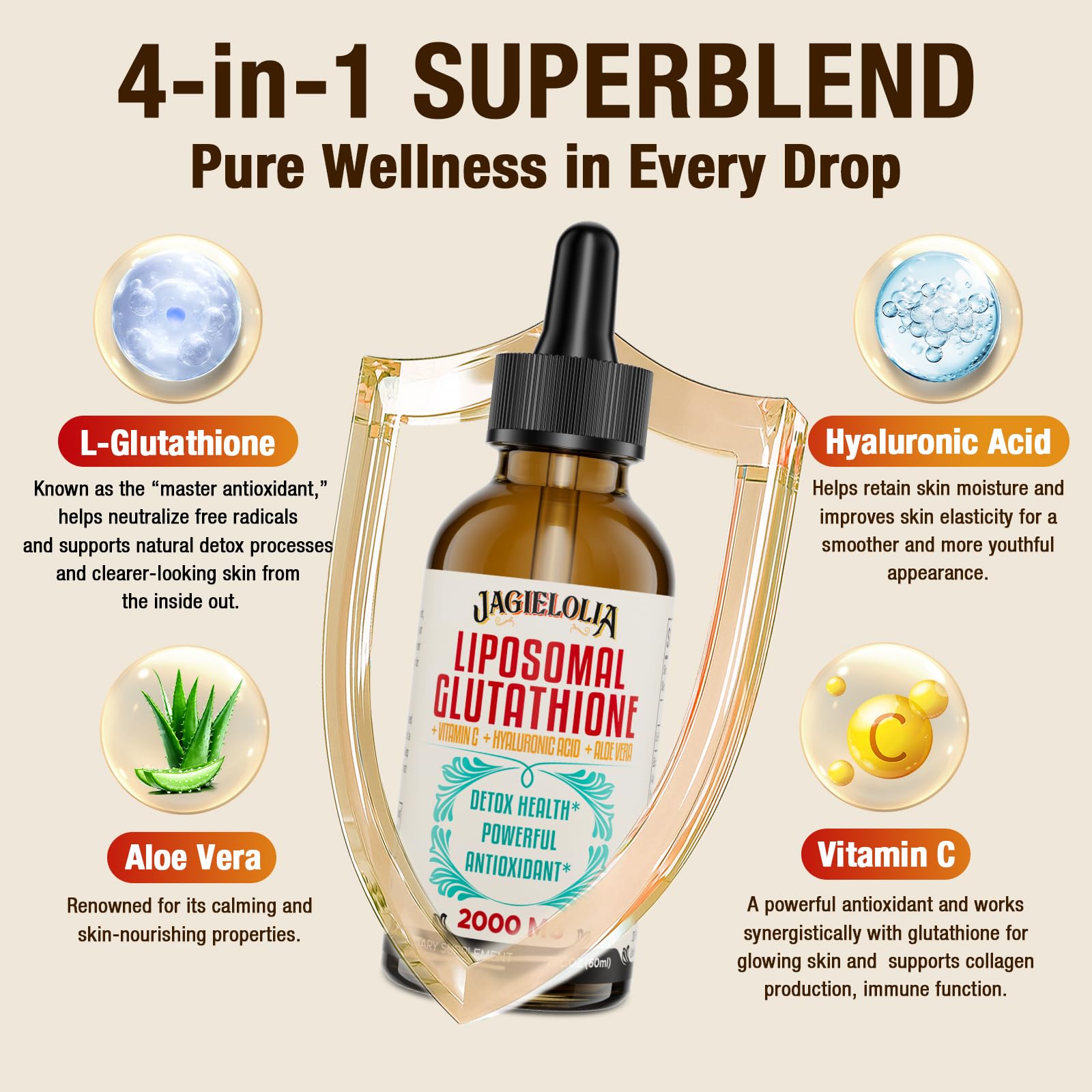 Absorption liposomale rapide avec Jagielolia glutathione liquide – biodisponibilité améliorée.