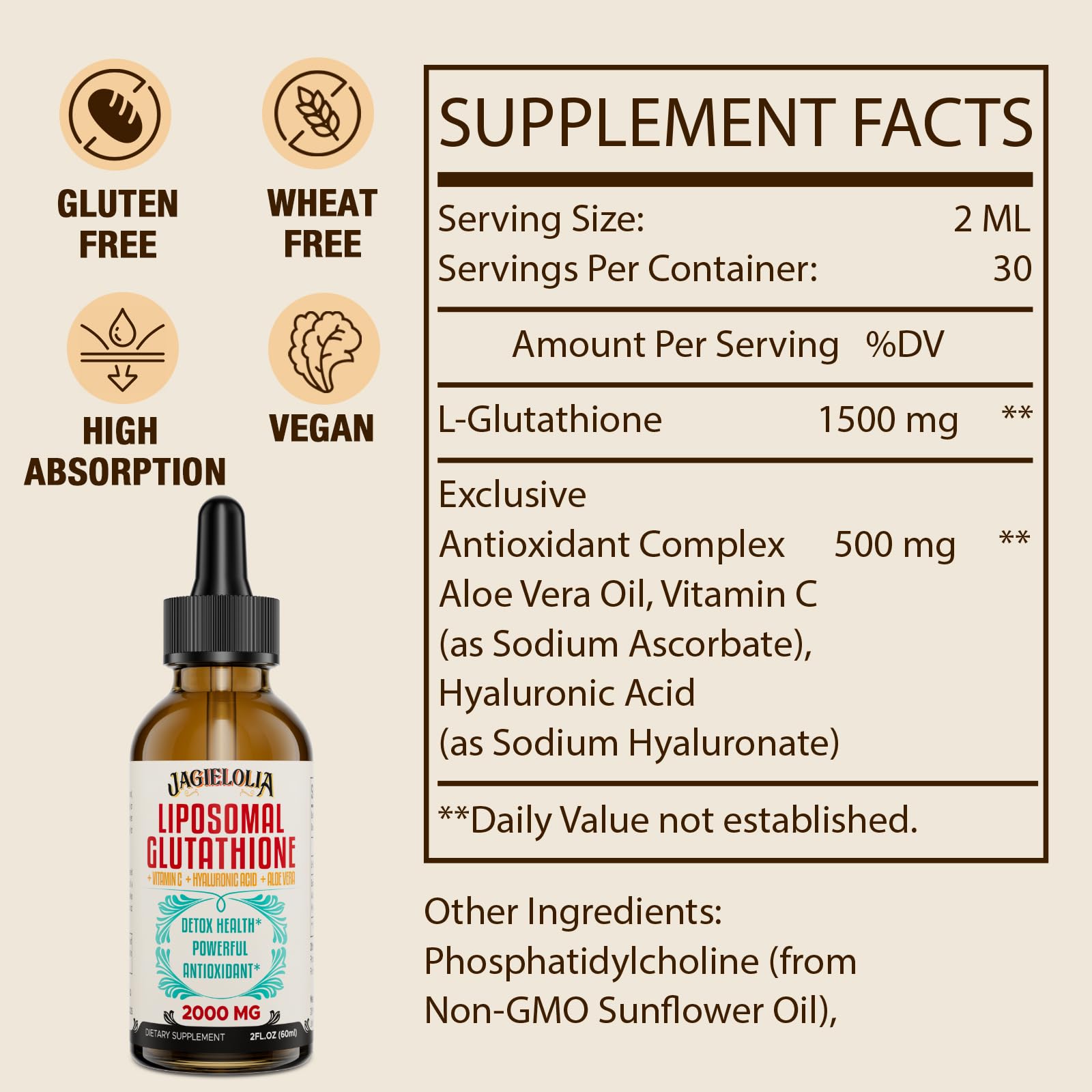 Gouttes Jagielolia liposomal glutathione liquide – dose quotidienne facile à intégrer dans l'eau.