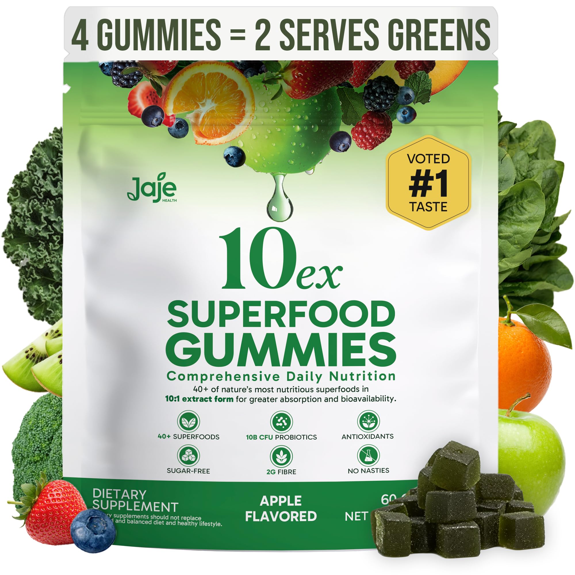 Jaje Health 10ex Supergreens Gummies bouteille: collation pratique et gourmande.