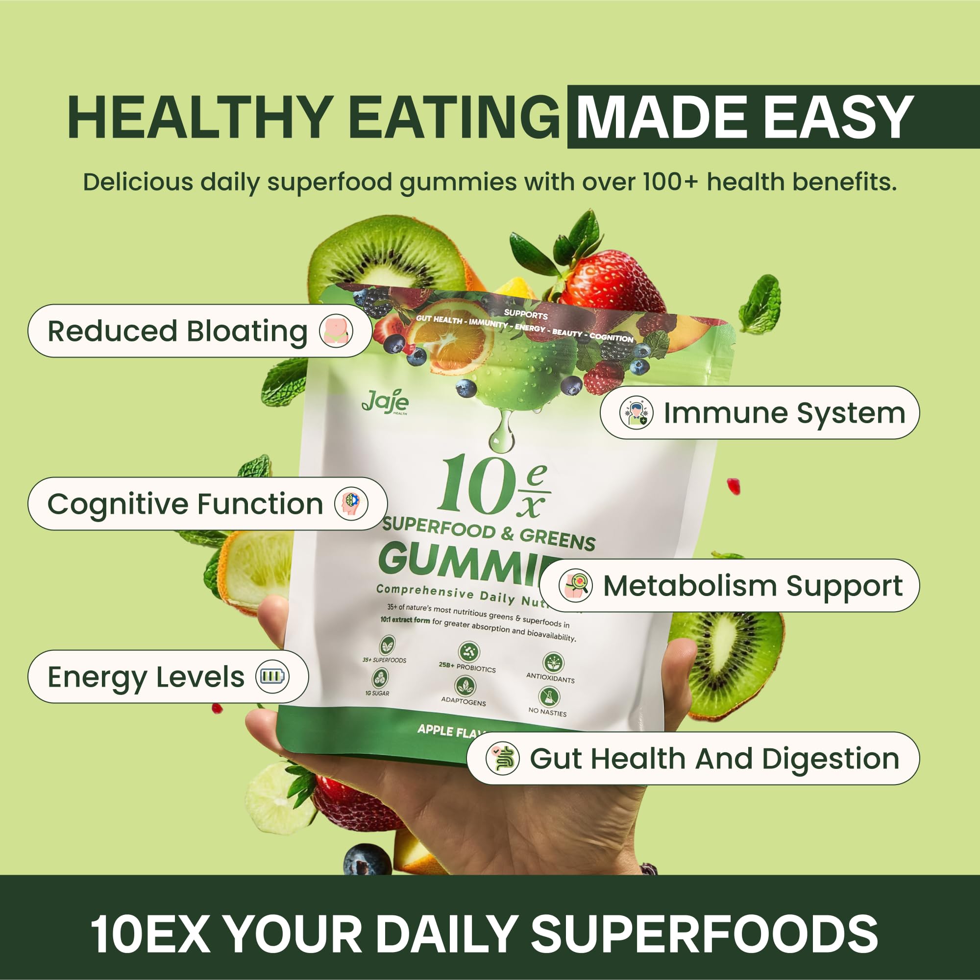 Gommes pomme Jaje Health 10ex Supergreens: saveur naturelle sans sucre.