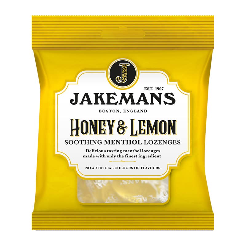 Pastilles Jakeman's miel-citon-menthol, dos du paquet, utilisation pratique et portabilité